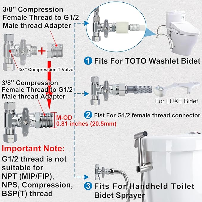 YUHX Brass Angle Stop Add-A-Tee Valve for TOTO Washlet Bidet and Handheld Sprayer, 3/8 Inch Compression Shut Off 3 Way Diverter Connector, 3/8 x3/8"x3/8" or 1/2" Toilet T Adapter