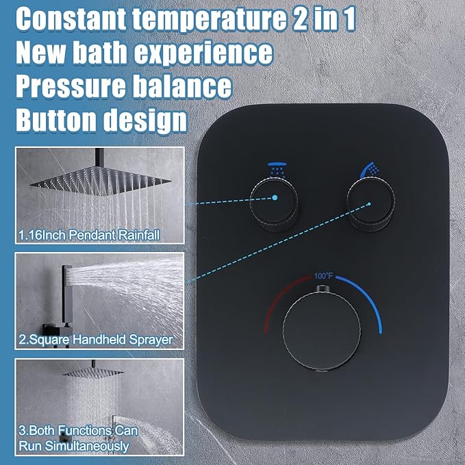 Matte Black 2-Way Thermostatic Shower Diverter Valve Kit - Solid Brass, Adjustable Flow, Temperature Control Mixer Valve - Perfect for Bathroom Renovation