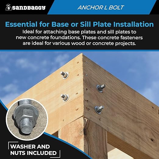Sandbaggy 1/2" x 18" Threaded Concrete Anchor L-Bolts (Nuts & Washers Included) - Hot Dipped Galvanized - Sill Plate, Base Plate, Masonry, Wood, Cement Anchors, J Bolt (10, 1/2" x 18")