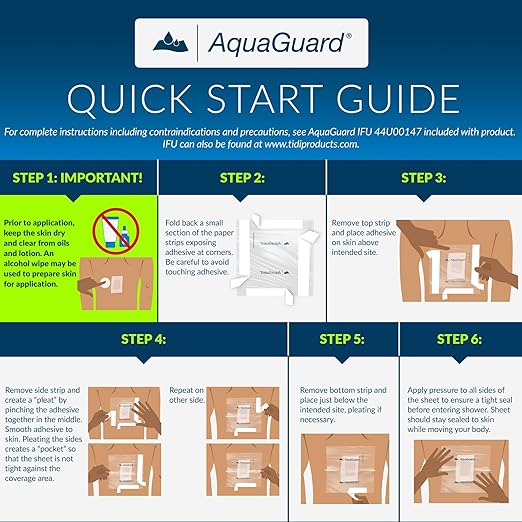 TIDI 50010-CSE AquaGuard Sheet – 7” x 7” – (Area of Coverage: 5” x 5.5”) – Shower Protection Sheet – Self-Adhesive Moisture Barrier – Wound Cover for Showering – 98 Sheets – Home Medical Supplies