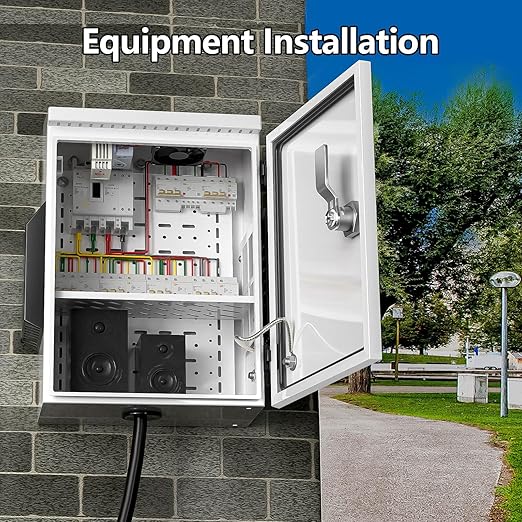 Outdoor Electrical Box with Thermostat and Fan, Cold-Rolled Steel Plate, Aluminum Alloy Back Beam, One-Piece Ventilation Design, IP65 Waterproof, Wall/Pole Mounted. (17.7" x 13.8" x 8")