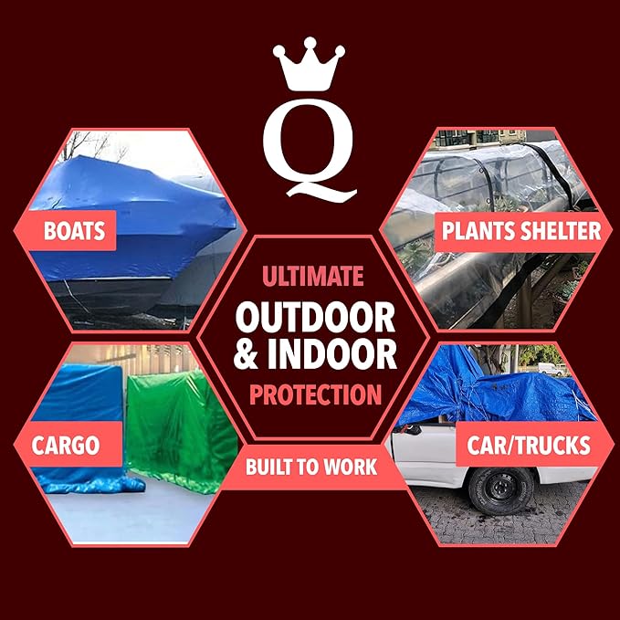 QUEEN OF TARPS | 12x16 Light Duty Tarp Waterproof, 70 GSM is 7 MIL, UV/Tear Resistant Tarp, Camping, Outdoor Furniture, Car, Tents, Painting, Firewood Protection | 12x16, Light Duty