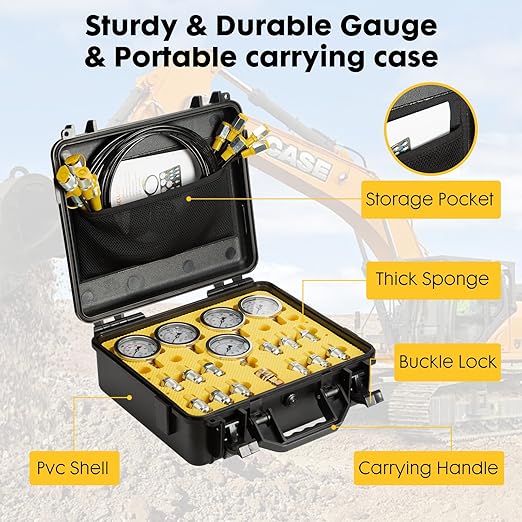 Hydraulic Pressure Test Kit with 5 Gauges 12 Test Couplings.14 Tee Con nectors.5 Test Hoses,Hydraulic Gauge Kit with Sturdy Carrying Case for Excavator Construction Machinery