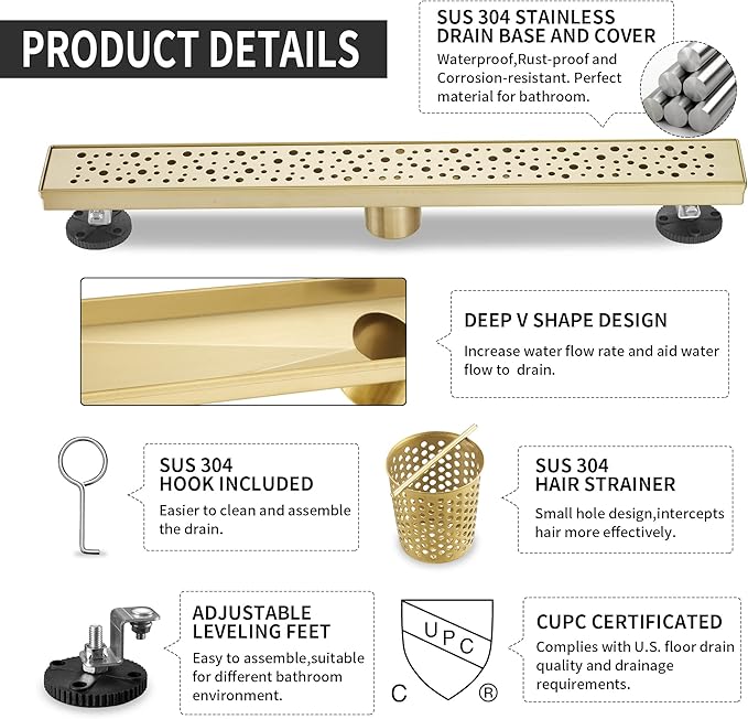 Linear Shower Drain 28 Inch, Bubbles Shower Drain SUS-304 Stainless Steel, 51L/Min Fast Drainage Floor Linear Drain, US Standard CUPC Certified, Zirconium Gold, SD-099