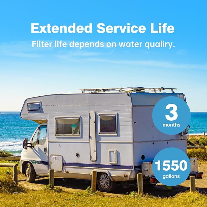 RV Inline Water Filter with 2 Flexible Hose Protector, NSF Certified, Reduces Odors, Chlorine, Bad Taste, Water Filter for Boat, RV, Marine Use, Garden, 2 Pack