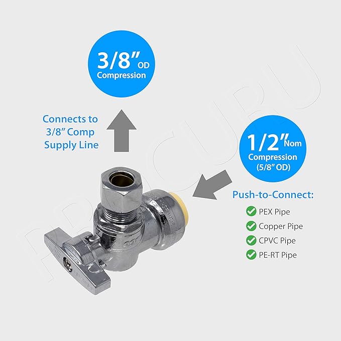 PROCURU 2-Pack PushFit Angle Stop Valve 1/2" Nom x 3/8" OD Comp, Quarter-Turn Push-to-Connect Brass Shutoff Valve for Copper, PEX, CPVC, PE-RT, HDPE Pipes (8X8012-2P)