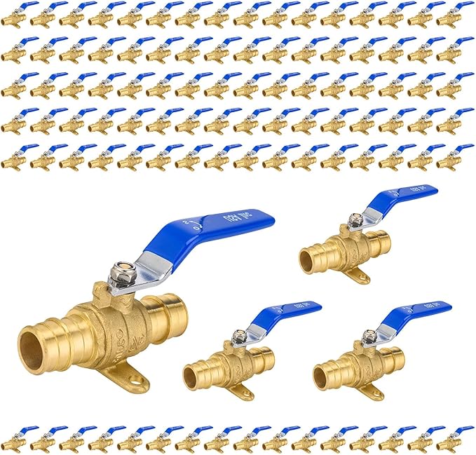 100-Pack Foskan 3/4" Brass PEX Expansion Drop Ear Ball Valve with Blue Handle, Full Port Shut-off Valve for Hot and Cold Water Distribution