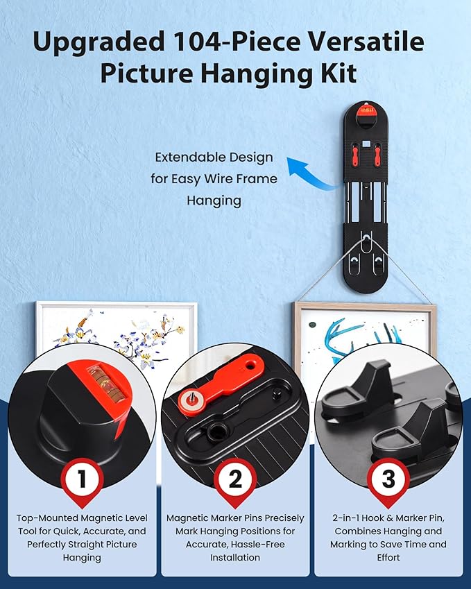 All-in-One Picture Hanging Tool Kit with Level, 104-Piece Photo Frame Hanging Tool, No Measurement Needed for Easy Picture Leveling, Perfect for Sawtooth Hangers, Wire Hangers, and D-Ring Hangers