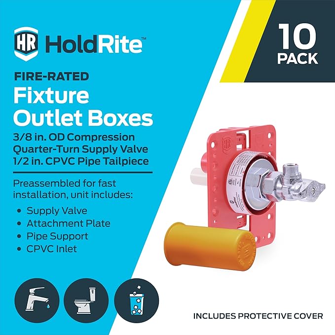 Holdrite Fixture Outlet Box with 3/8 Inch Compression Outlet, Pre-Assembled, Pack of 10, Fire Rated, 1/2 Inch CPVC Tailpiece, HR-FR-C-1