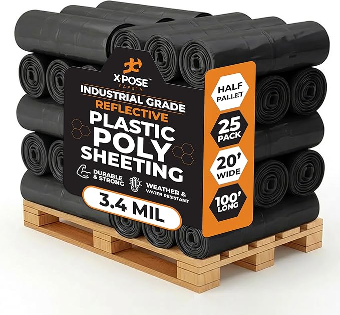 Xpose Safety Black Plastic Sheeting (Bulk Half Pallet 25 Pack) – 20' x 100' Rolls – Heavy Duty 3.4 Mil Poly Sheet – Waterproof, Dustproof, Vapor Barrier – for Construction, Painting, Industrial Use