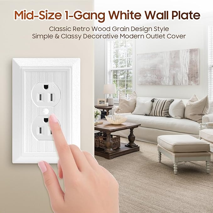 4-Pack White Outlet Covers Plate, Classic Retro Wood Grain Design Style, Modern Decorative Electric Receptacle Light Switch Cover Plates (1-Gang Duplex Mid-Size)