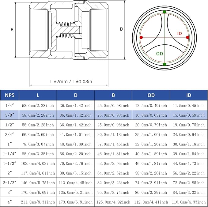 3/8" NPT Stainless Steel Spring Check Valve, WOG1000 NPT Thread unleaded In-Line Vertical Check Valve Non Return One Way Counterflow to Prevent the Medium Backflow for Oil Water Gas Air DN10