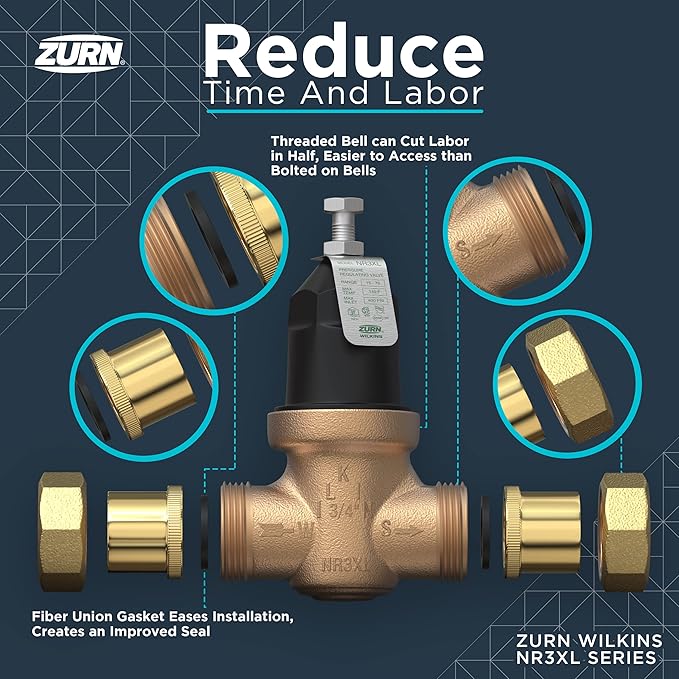 Zurn Wilkins 34-NR3XLDUPEX 3/4" NR3XL Pressure Reducing Valve with Double Union PEX Crimp Tailpiece Connection