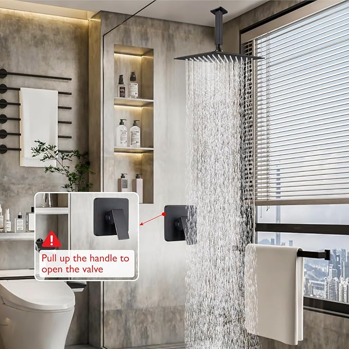 Heyalan Shower Faucet Set Square Stainless Steel Bathroom Rainfall Shower System One Handle Single Function Shower Trim Kit with Rough-in Valve Male Thread,Ceiling Mount,12 Inch,Oil Rubbed Bronze