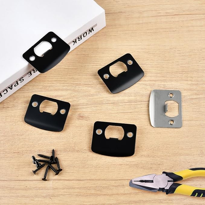 12 Pcs Deadbolt Strike Plate, Stainless Steel Round Corner Door Strike Plate Black Deadbolt Covers Door with Screws Reinforcement Kit