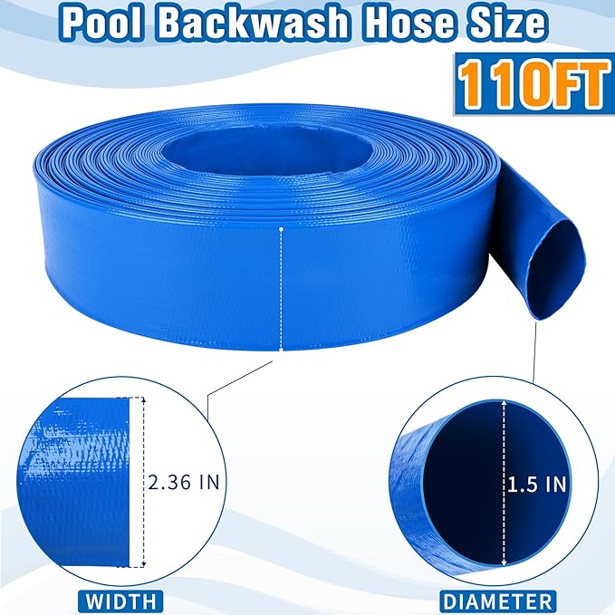 MYFAMIREA 1.5IN x 110FT Pool Backwash Hose Heavy Duty Drain Discharge Double PVC Layflat Hose with 2 Clamps, Weatherproof Burst Resistant for Water Transfer, Sump Pump, Pool Filter, Drain (33.6M,Blue)
