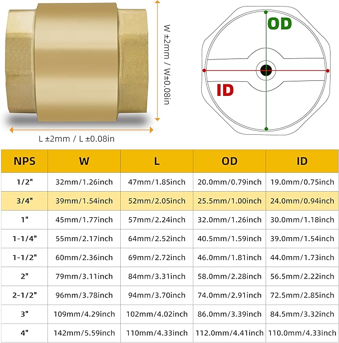 3/4" NPT Brass Vertical Check Valve, NPT Thread Vertical Lead-Free In-Line Spring Check Valve, Non Return One Way Counterflow Valve to Prevent the Medium Backflow for Oil Water Gas Air DN20