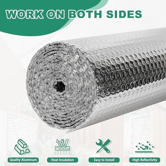 Reflective Bubble Insulation Sheet, Double Side Aluminum Foil Bubble Shield, Aluminum Foil Thermal Insulation Radiant Barrier for Windows, RV, Roof, Garage Door (23.6IN X 20FT)