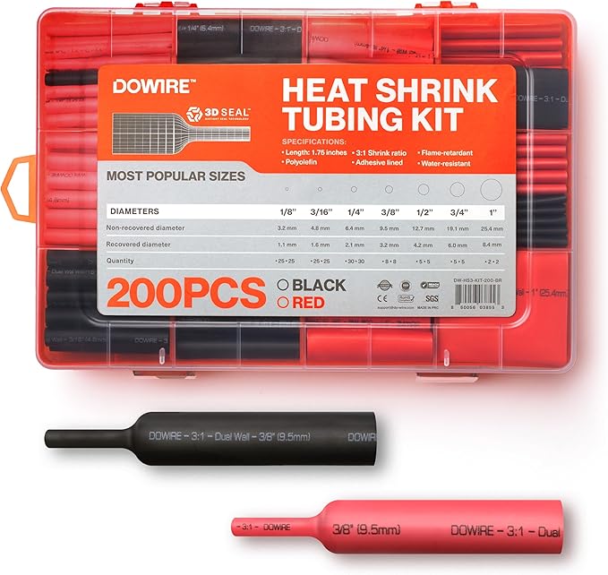 Heat Shrink Tubing Kit - 3:1 Ratio - Adhesive Lined - Wire Shrink Wrap Tubing - Waterproof Marine Grade Shrink Tube - 200 PCS - Black, Red