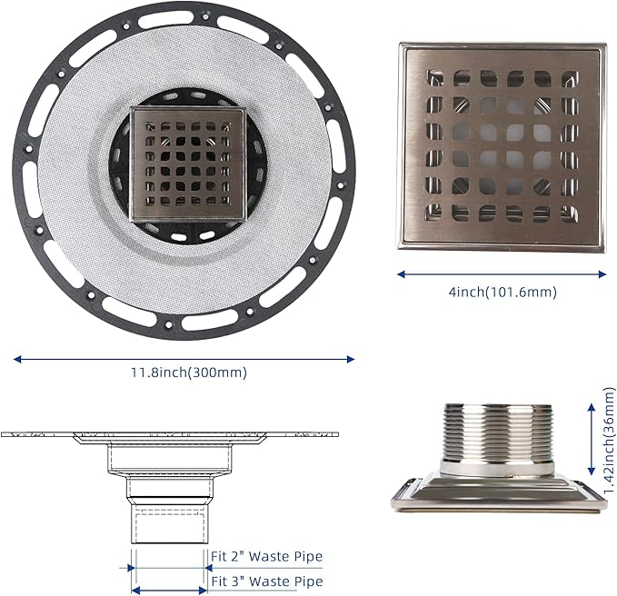 4-Inch Square Shower Drain with Bonding Flange - Durable Stainless Steel Shower Drain Flange Kit for Quick Drainage, Easy Installation, Ideal for Bathroom & Wet Area Renovations