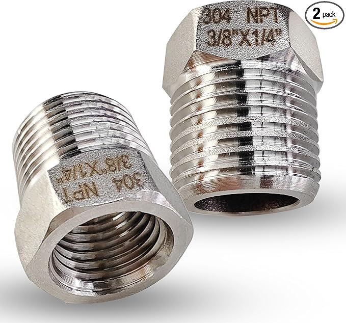 2 Pcs 304 Stainless Steel 3/8" Male to 1/4" Female Reducer Bushing, 3/8 Inch Male to 1/4 Inch Female NPT Pipe Fitting Reducing Adapter Tube Connector Convert (3/8" Male x 1/4" Female)