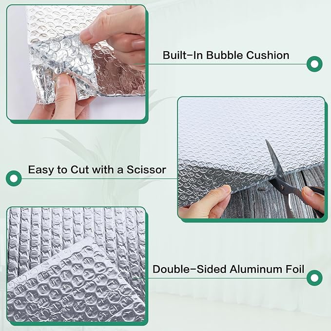 Reflective Bubble Insulation Sheet, Double Side Aluminum Foil Bubble Shield, Aluminum Foil Thermal Insulation Radiant Barrier for Windows, RV, Roof, Garage Door (23.6IN X 15FT)
