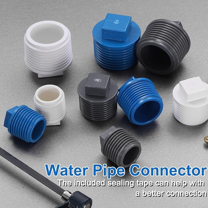 uxcell 5Pcs 1/2 Inch PT Male Thread PVC Pipe Fitting Plug, Cleanout Plugs, Water Drain End Caps Coupling Adapter with Tape for Water Heater Supply Lines, Plumbing, Blue