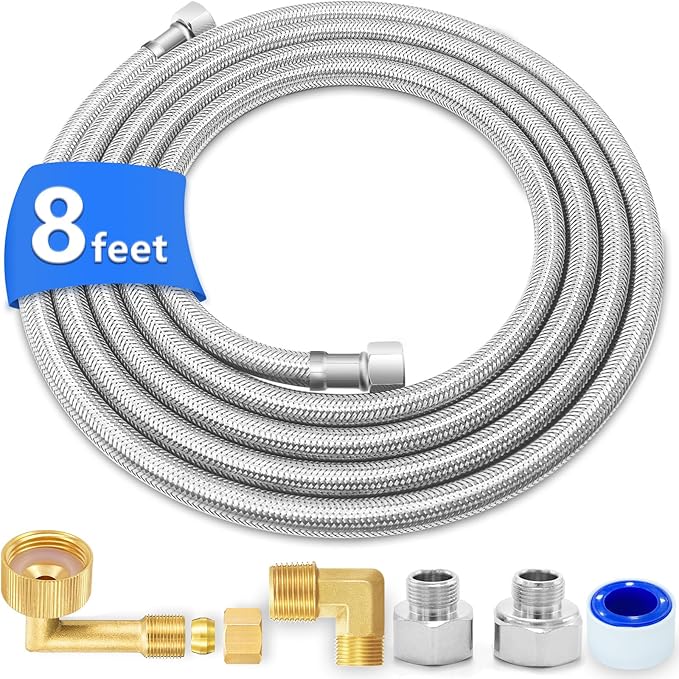 Dishwasher Installation Kit - 8 FT Stainless Steel Dishwasher Hose with 3/8" Compression Connections,Food Grade PEX Inner Tube Dishwasher Water Supply Line with Elbows,Adapters