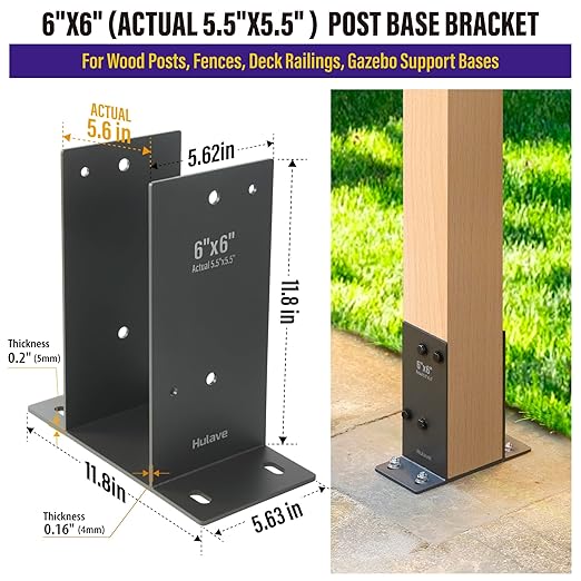 Hulave 2Pack Stainless Steel 6 x 6 (Actual: 5.5" x 5.5") Post Base, Suitable for Terrace Railing, Fence, Gazebo, Porch, etc Concrete Support Anchor Base Post Anchor Bracket (Dark Gray)