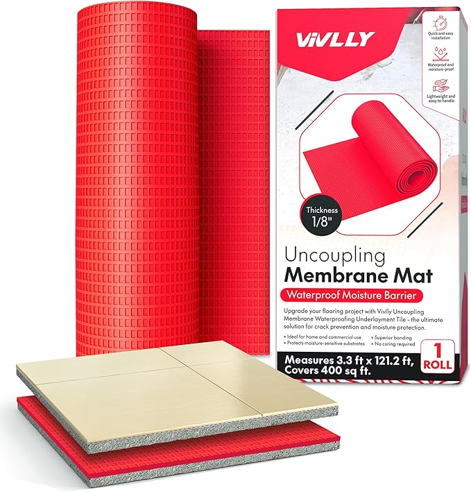 1/8” Uncoupling Membrane for Tile, Stone, Concrete, Shower Walls, Bathroom Floors – Waterproof, Anti-Fracture Underlayment Mat (3.3ft x 121.2ft, 400 sq ft) – Colors May Vary.