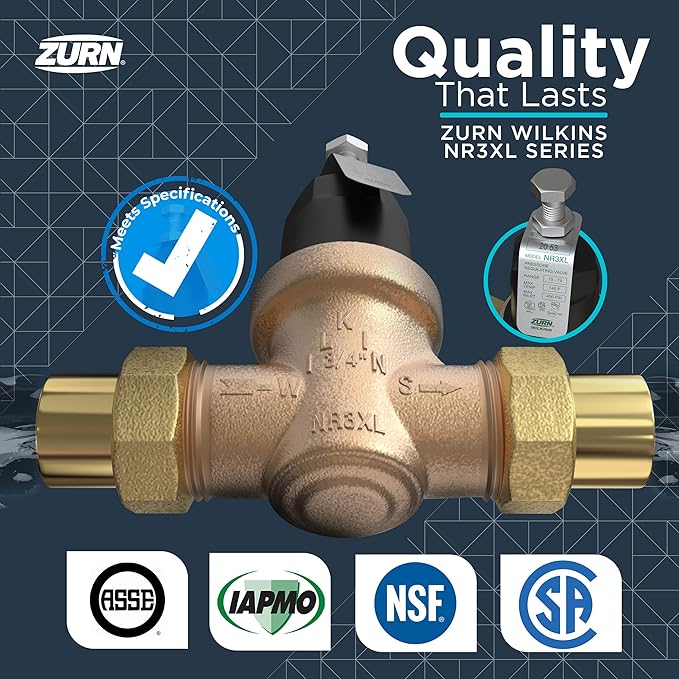 Zurn Wilkins 34-NR3XLDUPEX 3/4" NR3XL Pressure Reducing Valve with Double Union PEX Crimp Tailpiece Connection
