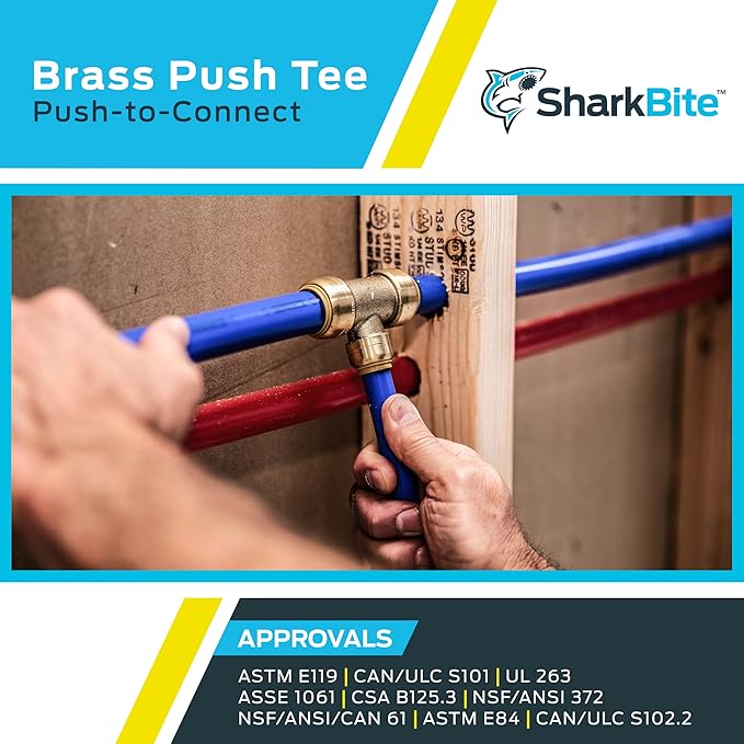 SharkBite 1/2 Inch Tee, Pack of 10, Push to Connect Brass Plumbing Fitting, PEX Pipe, Copper, CPVC, PE-RT, HDPE, U362LFCP