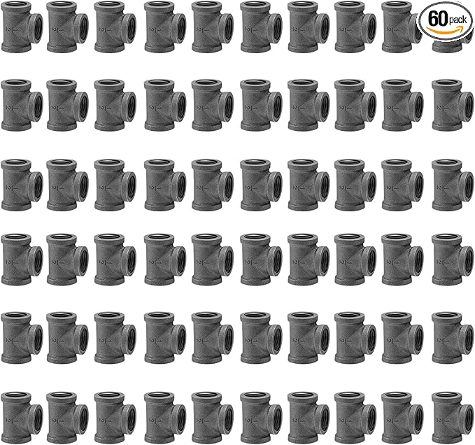 1/2" Threaded Tee, 60 Pack Gray Metal Pipe Fittings for Steampunk Vintage DIY Plumbing, Shelf Brackets, Furniture Décor (60, 1/2 Inch)