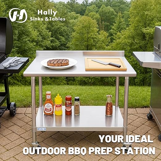 Hally Stainless Steel Table for Prep & Work 24 x 48 Inches with Caster Wheels, NSF Commercial Heavy Duty Table with Undershelf and Backsplash for Restaurant, Home and Hotel