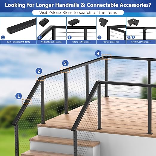2Pack 4FT T304 Stainless Steel Black Handrail with End Cap Kits for Cable Railing System Posts Kit, Cuttable Rectangular Handrails Flat Top Rail - 2.36" W x 1.18" H