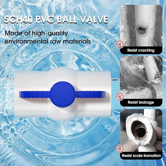 5PCS 1-1/2" PVC Ball Valve,Slip PVC Water Pipe Valve with Easy Turn Blue T-Handle, SCH40 Water Pipe Valves for Swimming Pool, Sprinkler Lines,Sewage Pump, Outdoor Plumbing & Irrigation System