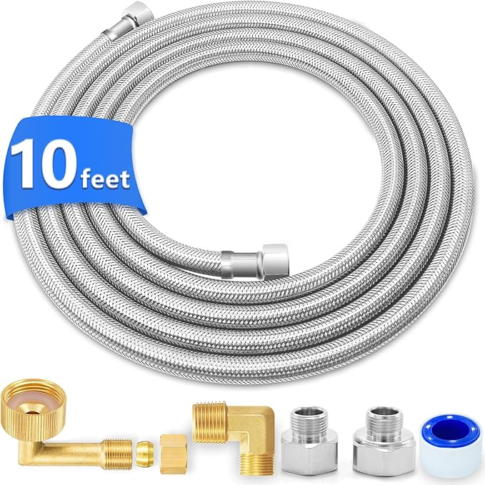 Dishwasher Installation Kit - 10 FT Stainless Steel Dishwasher Hose with 3/8" Compression Connections,Food Grade PEX Inner Tube Dishwasher Water Supply Line with Elbows,Adapters
