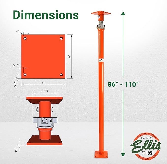 Ellis Manufacturing Light-Duty Steel Lifting Shore –House Jack for Foundation, Floor Leveling, and Concrete Bracing – 5,000 lb Safe Load Capacity – 86"-110" Adjustment