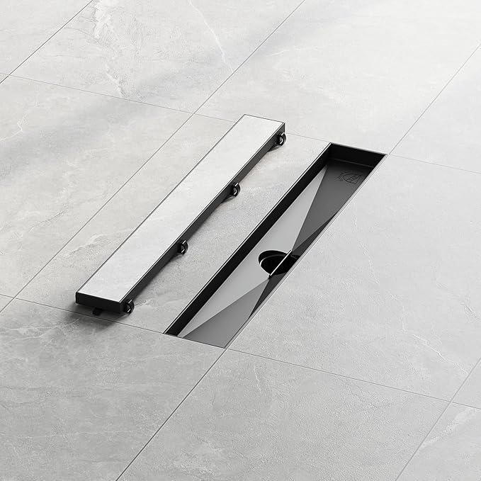 Neodrain 18-Inch Linear Shower Drain,with 2-in-1 Flat & Tile Insert Shiny Black Cover, Rectangle Shower Floor Drain, Linear Drain with Adjustable Leveling Feet, Hair Strainer