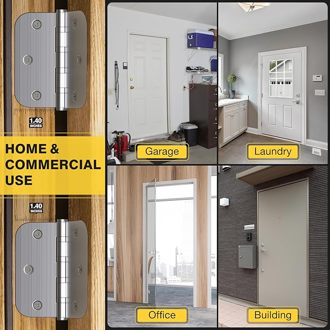 KOLET Ball Bearing Door Hinges, 3.5 Inches Door Hinges, 5/8'' Radius Corner Heavy Duty Stainless Steel Hinges, Smooth and Quiet, Non Removable Pin, Brushed Nickel, 3 Pack