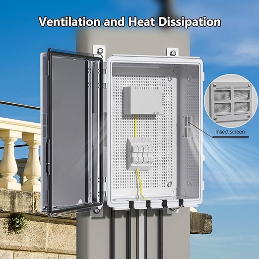 ABS Electrical Junction Box, Ventilated Design, Cable Grommets, IP65 Waterproof Enclosure, Indoor/Outdoor Use with Mounting Panel .(Clear Cover, 13.8"x9.7"x5.9")