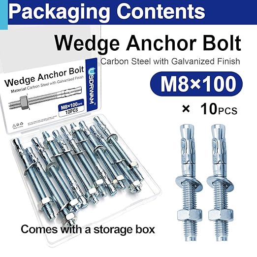 10Pcs 5/16" × 4" Concrete Anchor Bolts, Zinc Plated Carbon Steel Wedge Anchors for Cement, Brick, and Masonry