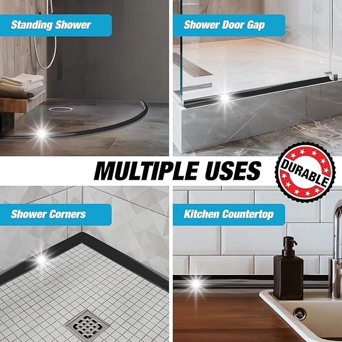 Shower Threshold Water Dam Barrier 85" - Black Collapsible Shower Water Blocker - Guard for Walk in Shower - Water Guard Stopper for Floor - Shower Door Water Blocker by Hippo Dam