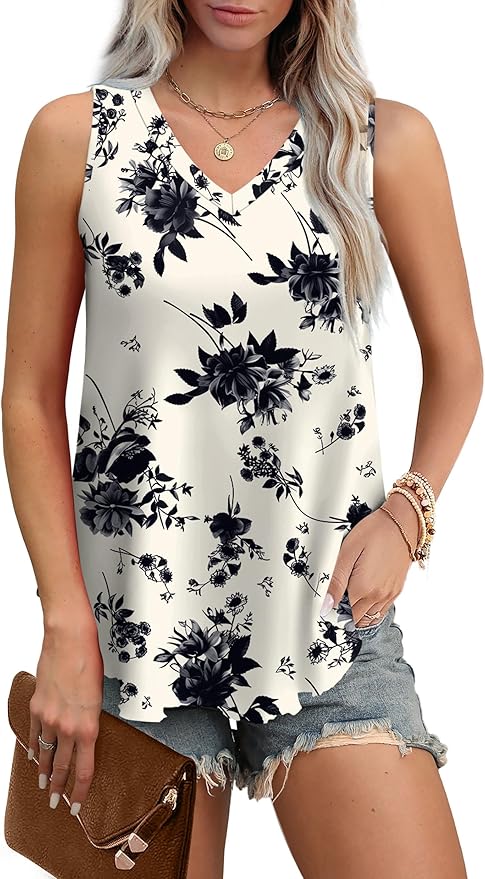 OFEEFAN Womens Tank Tops V Neck Sleeveless Flowy Loose Fit Basic Casual Summer Tops