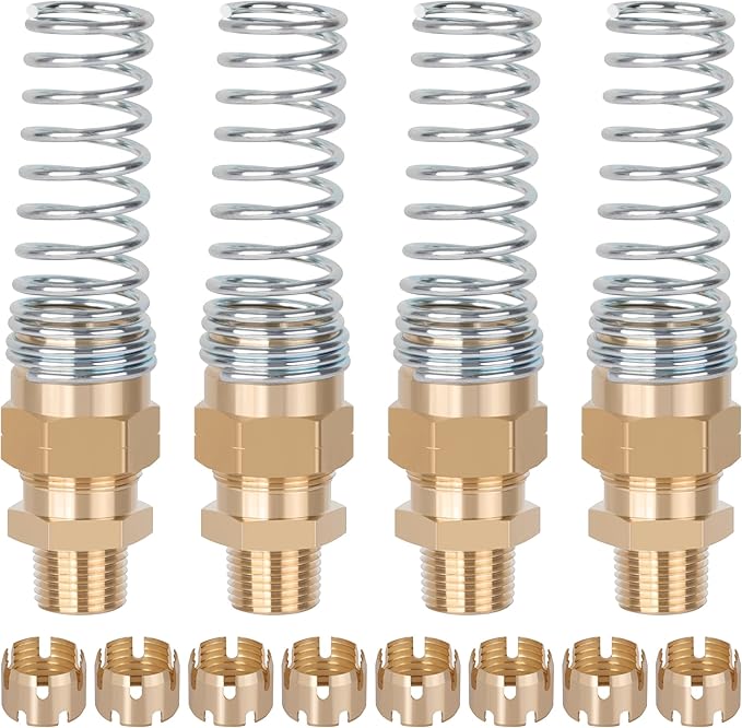 4Pcs Brass 1/2” Air Hose Fittings DOT Air Fittings with Spring Guards, 1/2” Male Connector for Rubber Tube, Air Brake Hose End Fittings, with 8 Fitting Sleeve Tubes