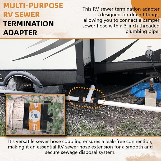 TonGass RV Sewer Pipe Adapter 3" Rotating Rigid Bayonet Adapter with Male Thread & Hooks, Termination Fitting with 3" Bayonet & Hub, RV Sewer Hose Connector for Waste Disposal - Black