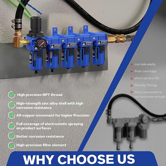 1/2'' NPT 5 Stage Air Dryer for Compressor,5&0.01 Micron Filter Cartridge Air Drying System,Double Desiccant Dryers & Air Regulator,Metal Bowl, Semi-Auto Drain,Industrial Grade-Blue
