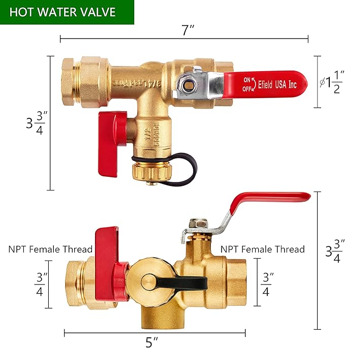 3/4 inch EFIELD IPS Isolator Tankless Water Heater Service Valve Kit, with Pressure Relief Valve,(TOOL028)
