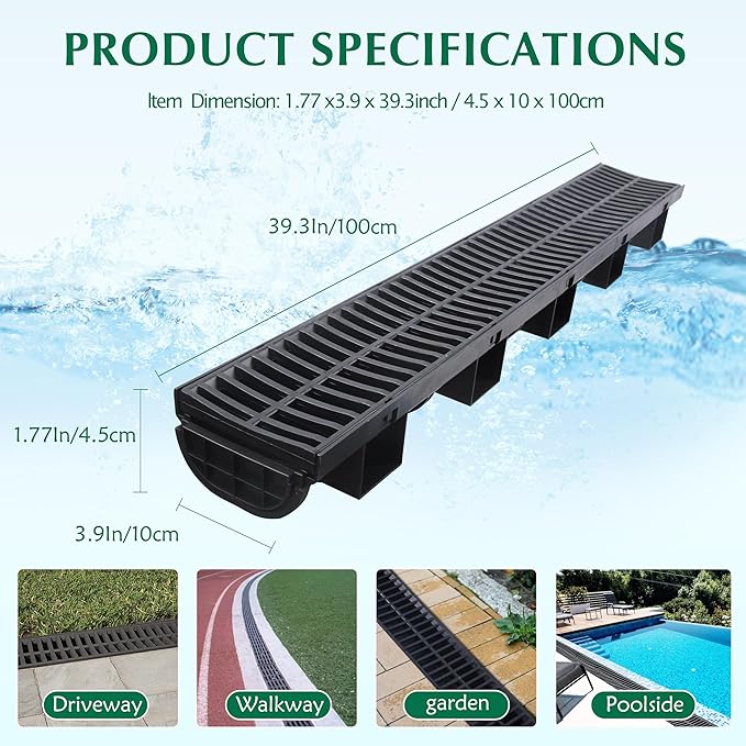 Trench Drain System with Plastic Grate, 6 Packs HDPE Channel Drainage, 39.4" x 3.9" x 1.8" Garden Drain, Total Length 236.4 Inch for Driveway Yard Pool Sidewalk Patio (6, 3.9 x 1.8 Inch)