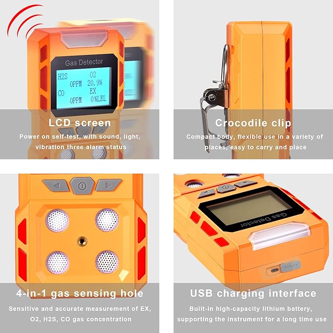 Upgrade Portable Voice Type 4 Gas Detector Monitor, Handheld 4 in 1 Gas Meter Tester with Digital LCD Display, Upgrade Model Rechargeable Lithium Battery Powered (Orange)